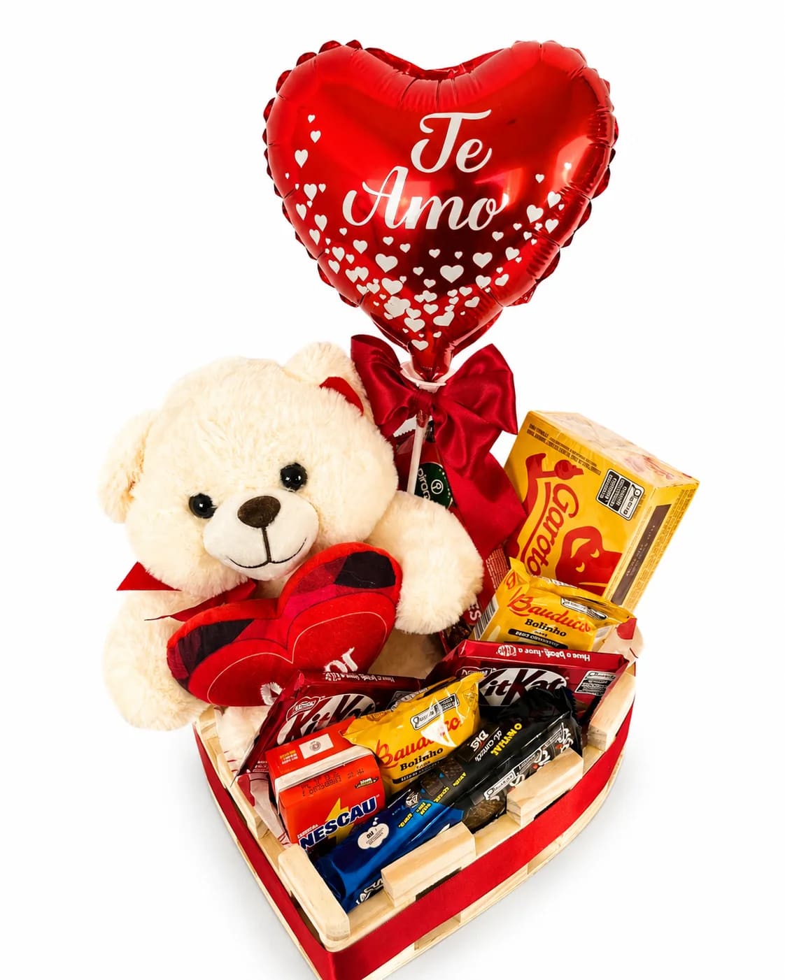 Cesta Te Amo com Ursinho, Balão Coração e Chocolates Sortidos