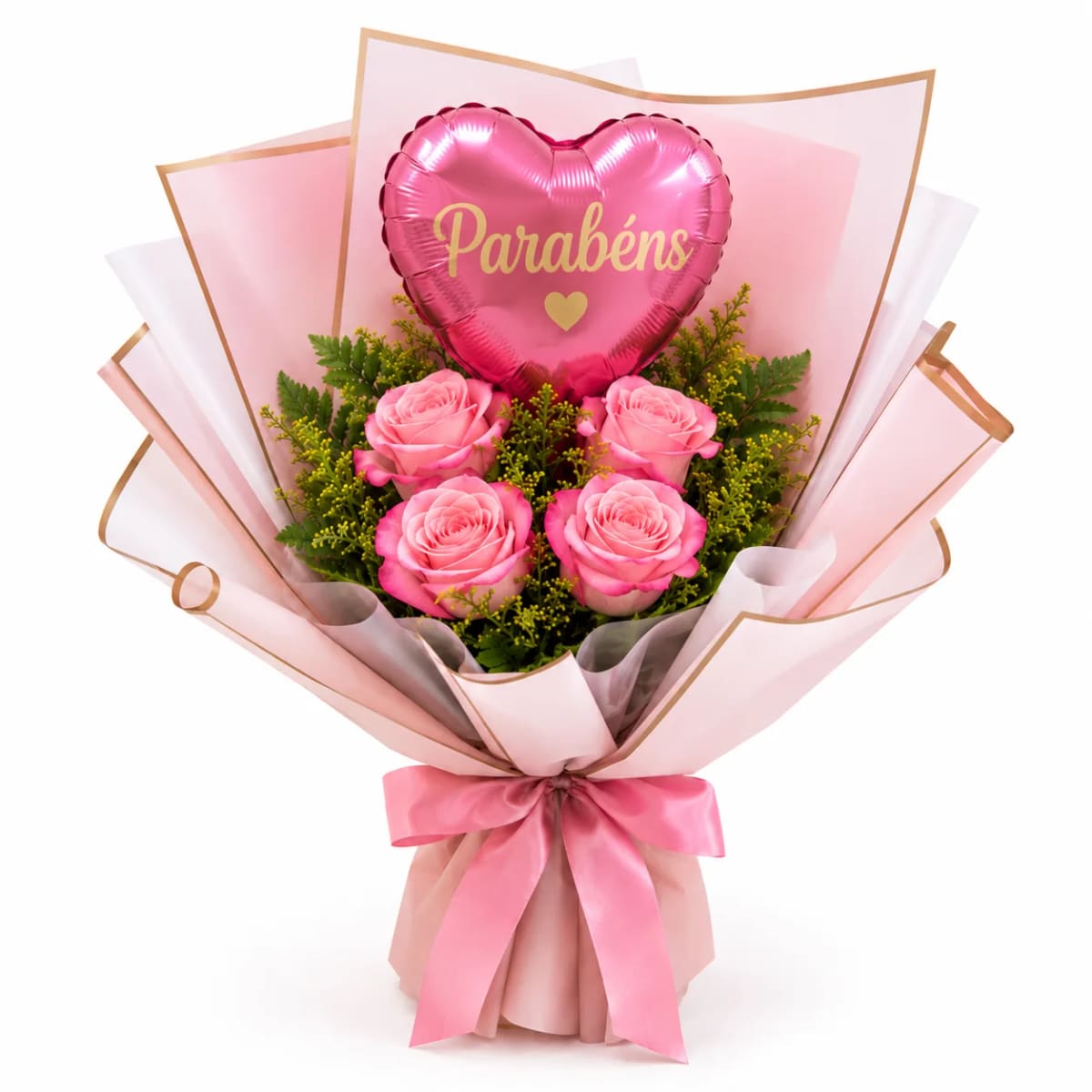 Buquê de Rosas Cor de Rosa com Balão Personalizavel