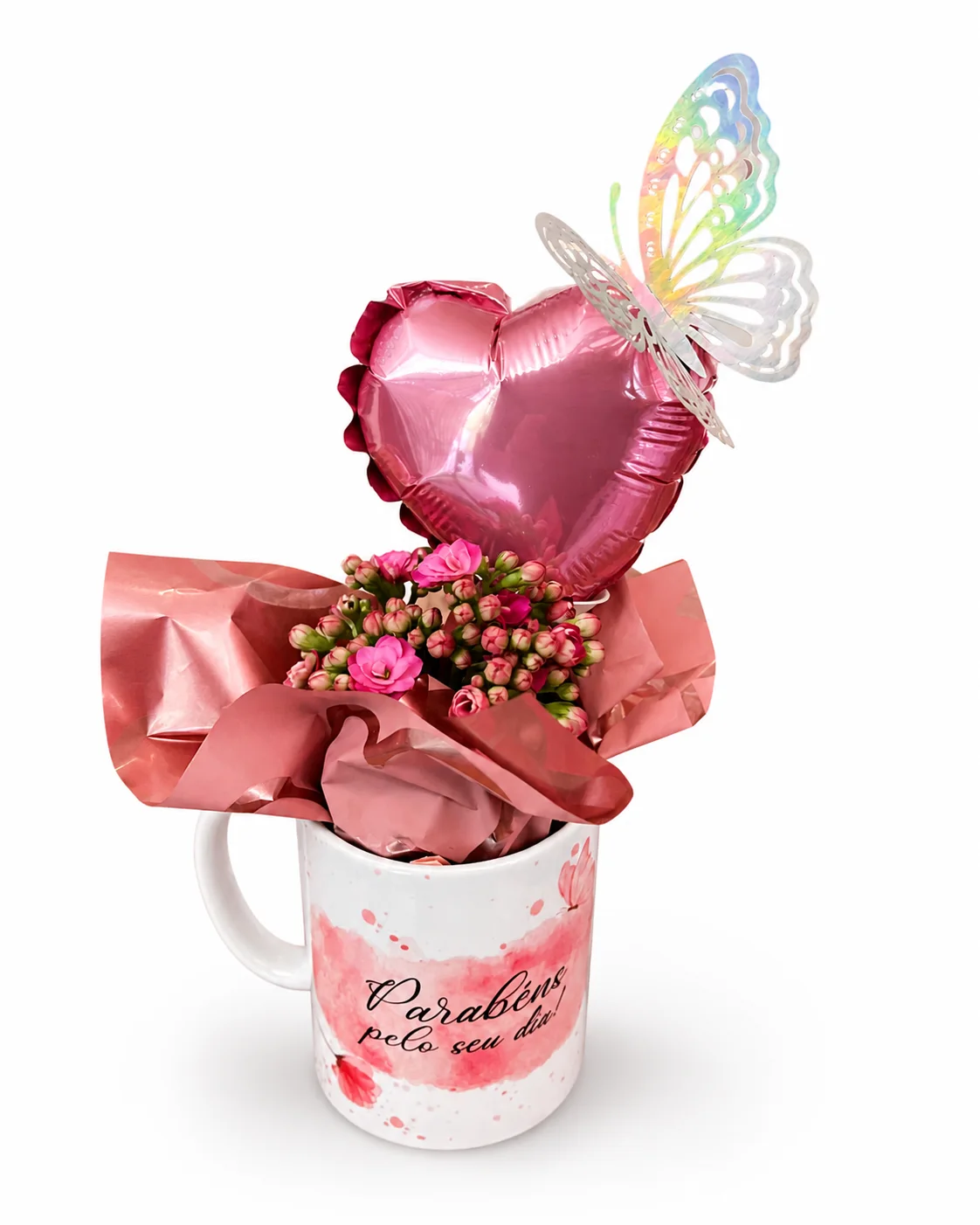 Caneca Parabéns pelo Seu Dia com Kalanchoe e Balão Coração