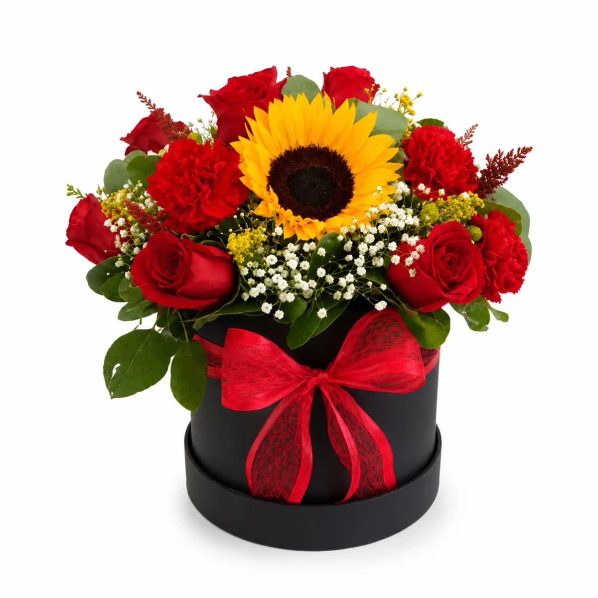 Box De Rosas Vermelhas Com Girassol