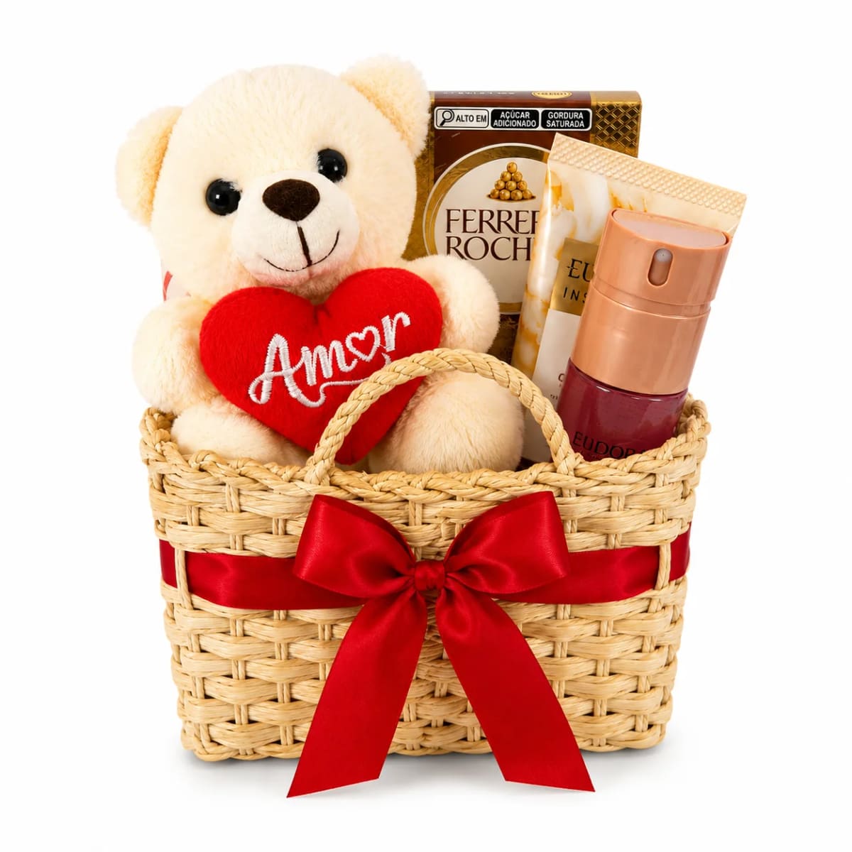 Cesta Presente com Ursinho Amor, Ferrero Rocher e Cosmeticos