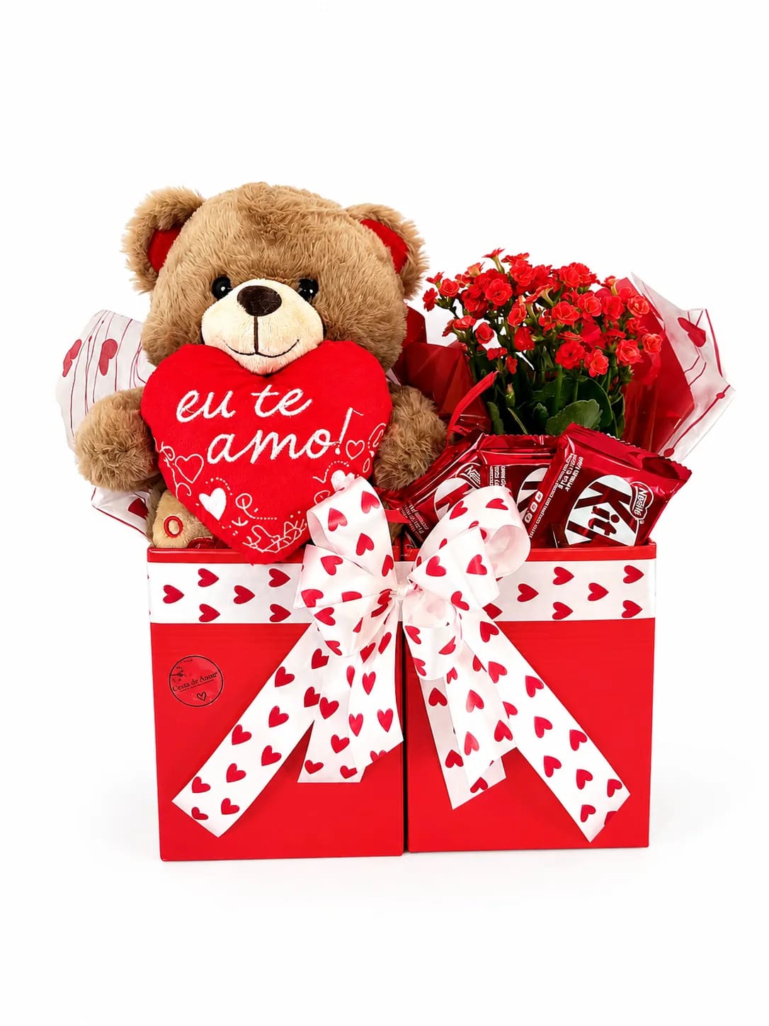 Cesta Eu Te Amo com Ursinho, Kalanchoe Vermelha e KitKat