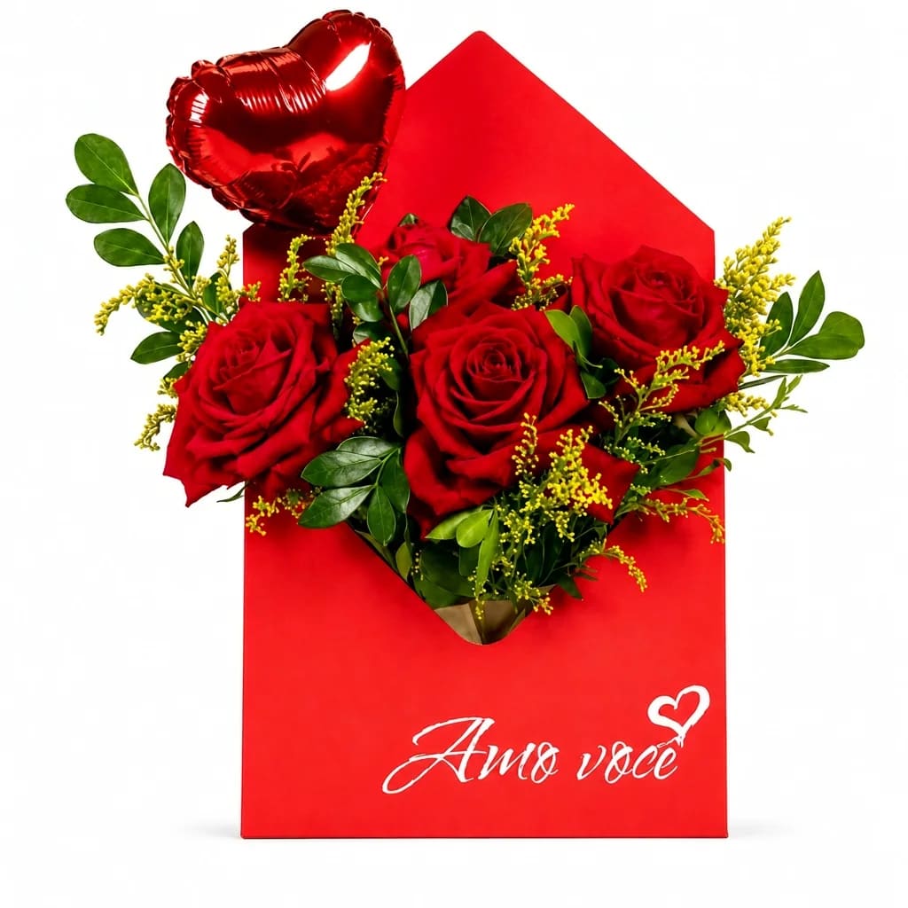 Envelope de Rosas Amo Você com Balão Coração