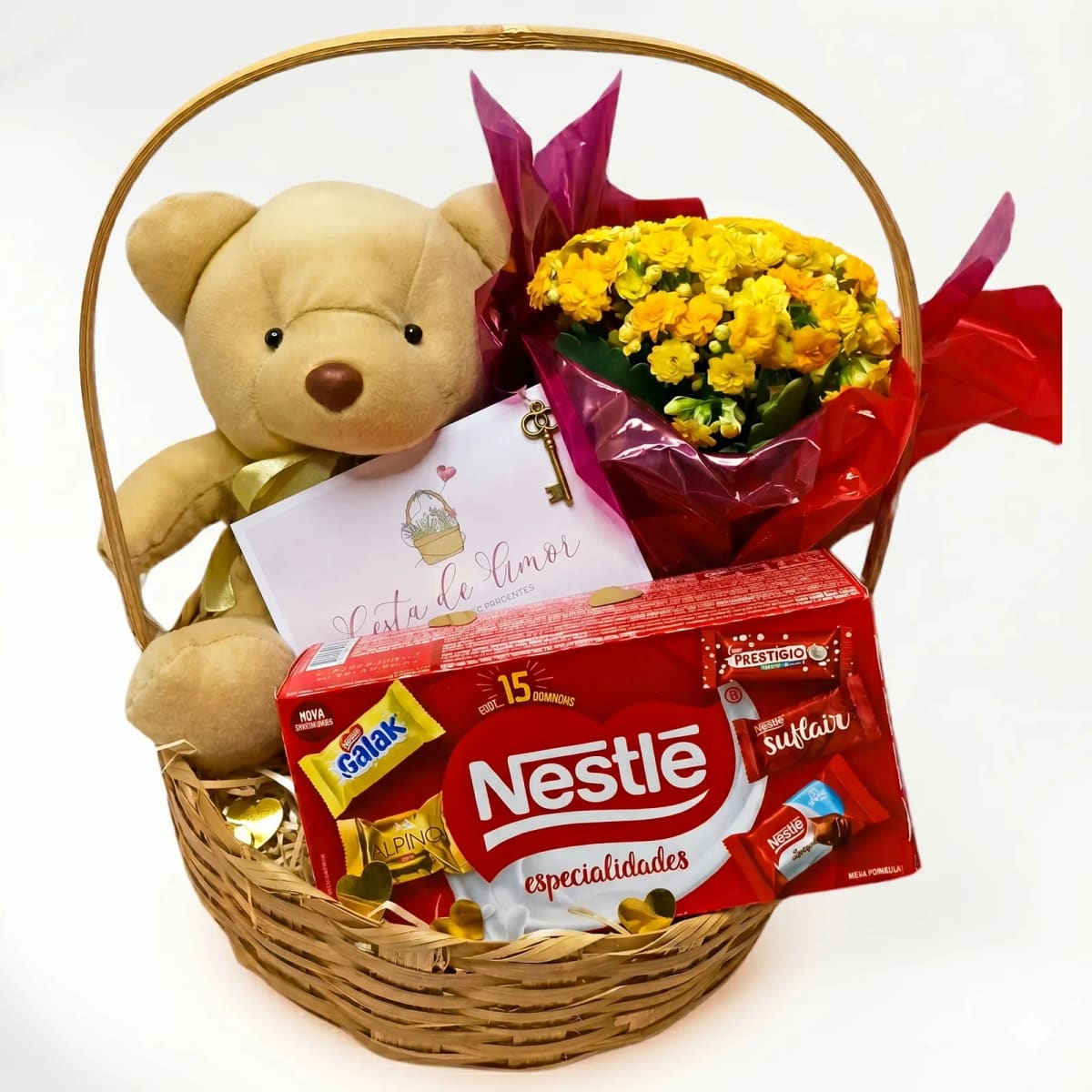 Cesta de Chocolate com jarro de flor kalanchoe e Pelúcia