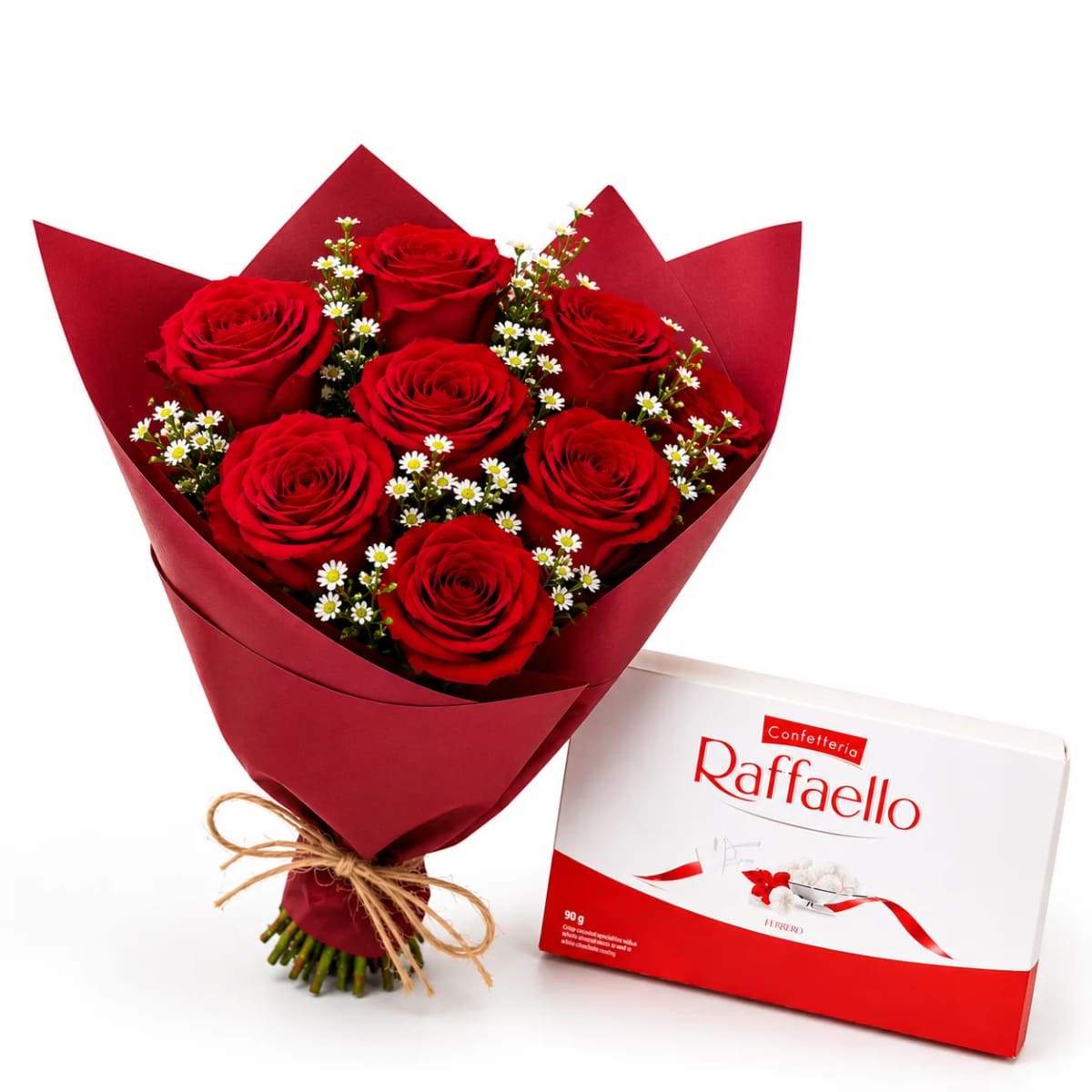 Buquê de Rosas com 6 botões de Rosas Vermelhas e Caixa de Bombons Rafaello