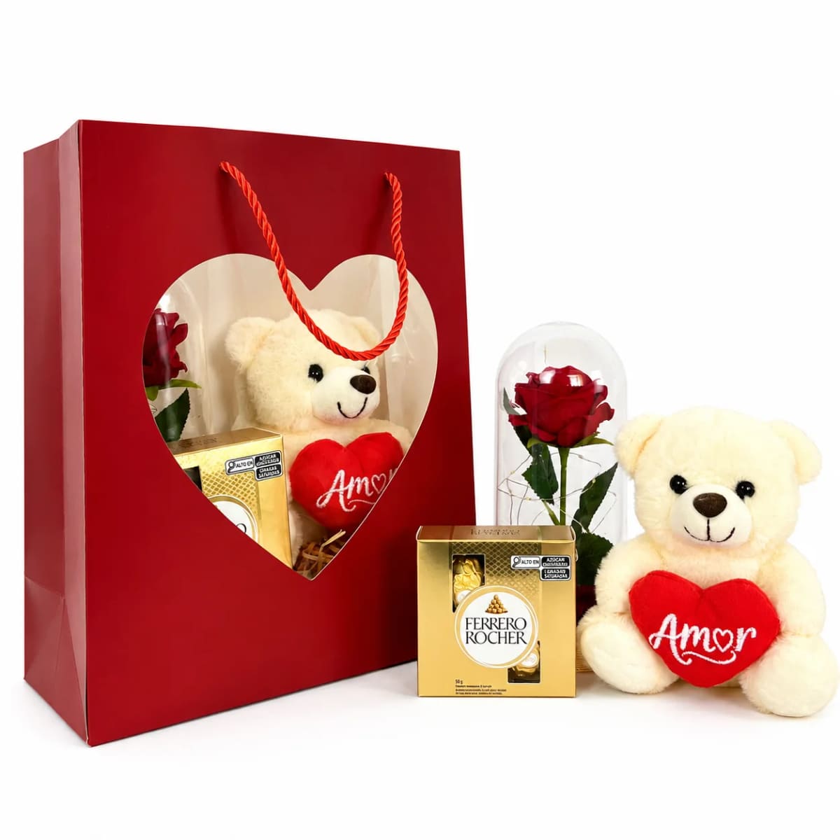 Sacola Coração com Ursinho Amor, Rosa na Cúpula e Ferrero Rocher