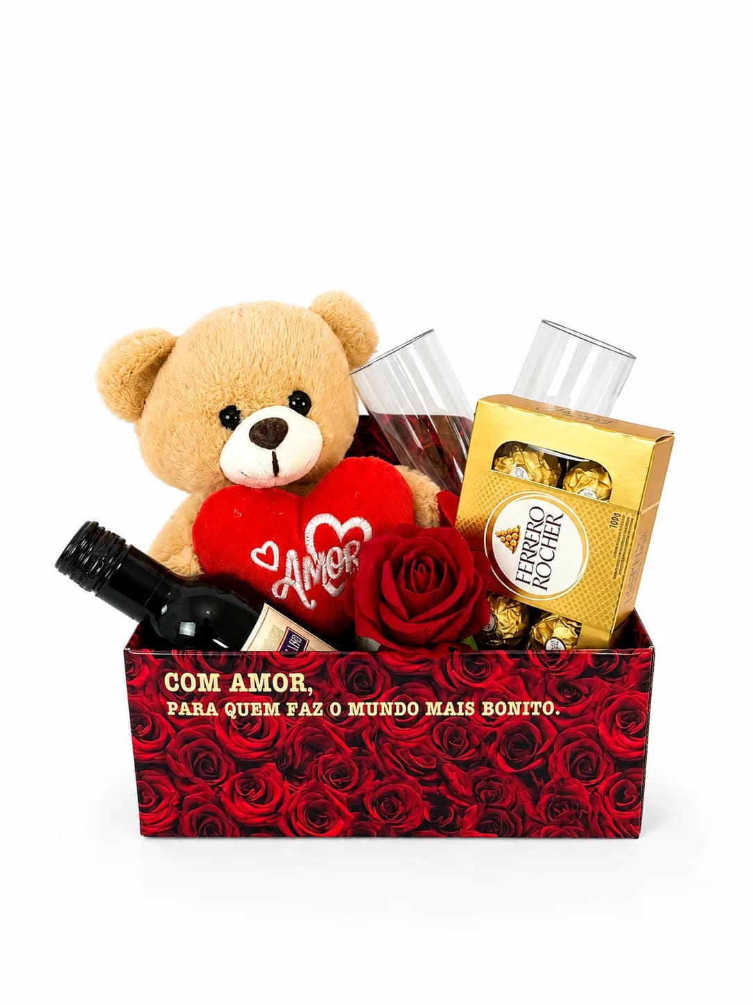Caixa Romântica com Vinho, Ferrero Rocher, Rosa e Ursinho de Pelucia