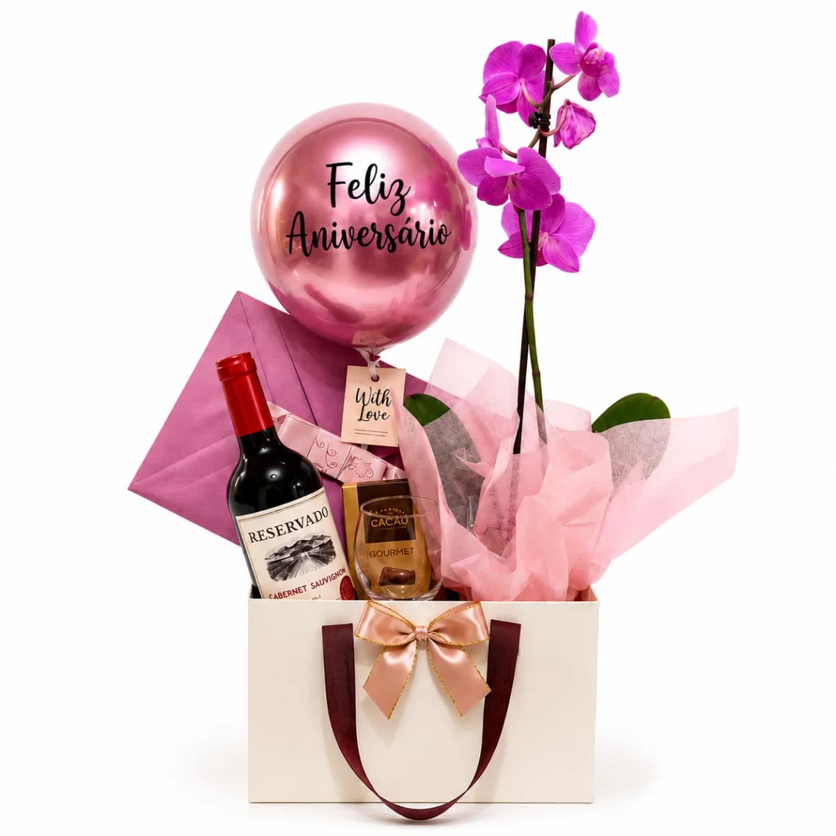 Sofisticada Orquídea Phale Lilás com Bombons De Chocolate Importado da Itália, Vinho e Taça.