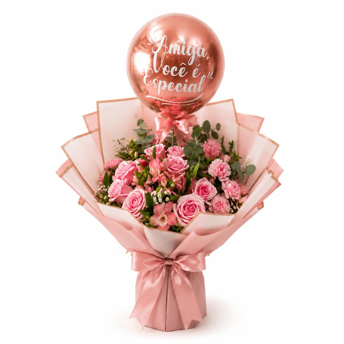 Buquê Rosé Premium com Balão Booble