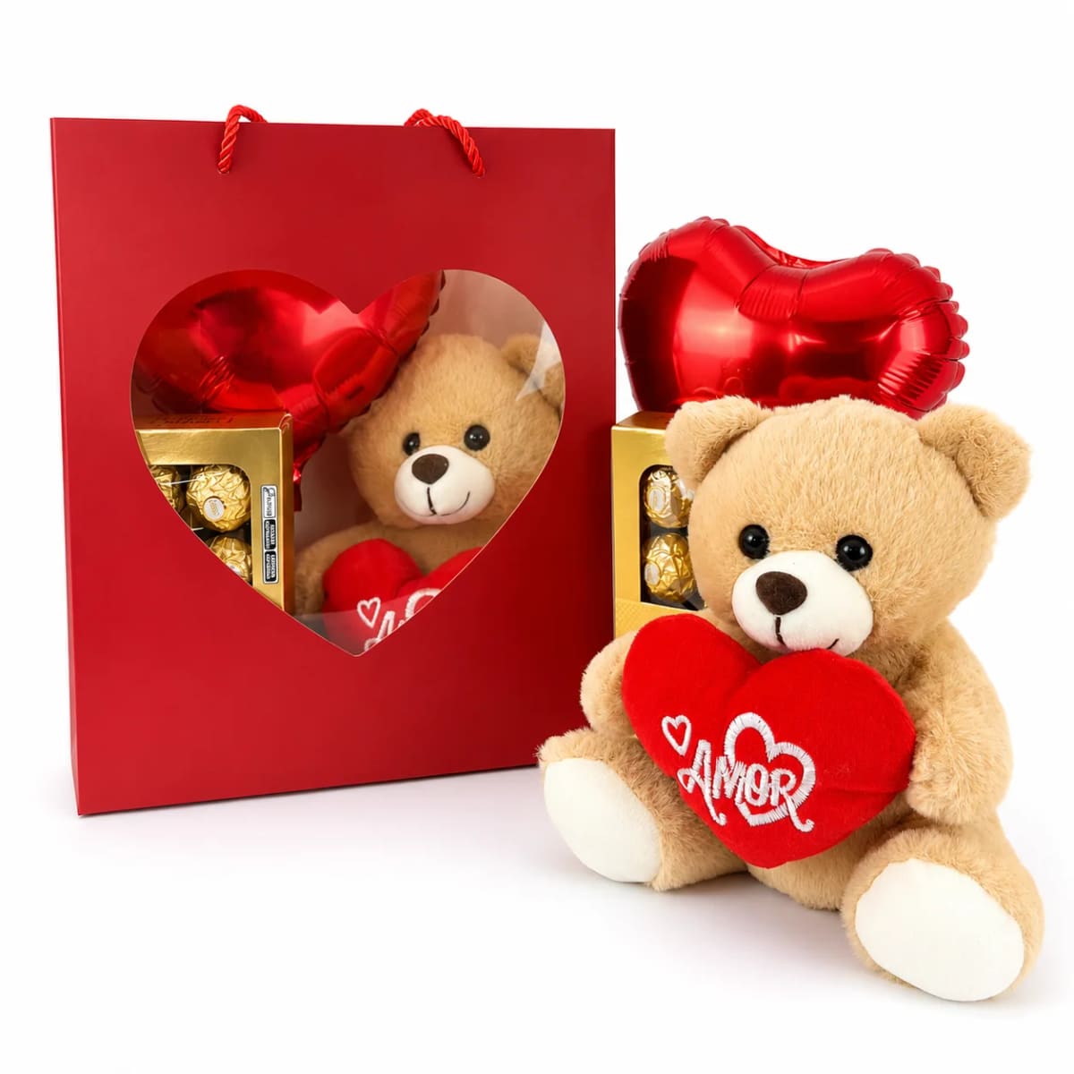 Sacola Coração com Ursinho Amor, Ferrero Rocher e Balão Vermelho