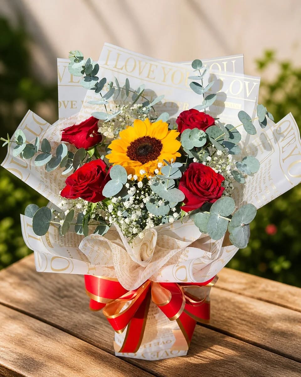 Buquê Girassol & Rosas Vermelhas I Love You