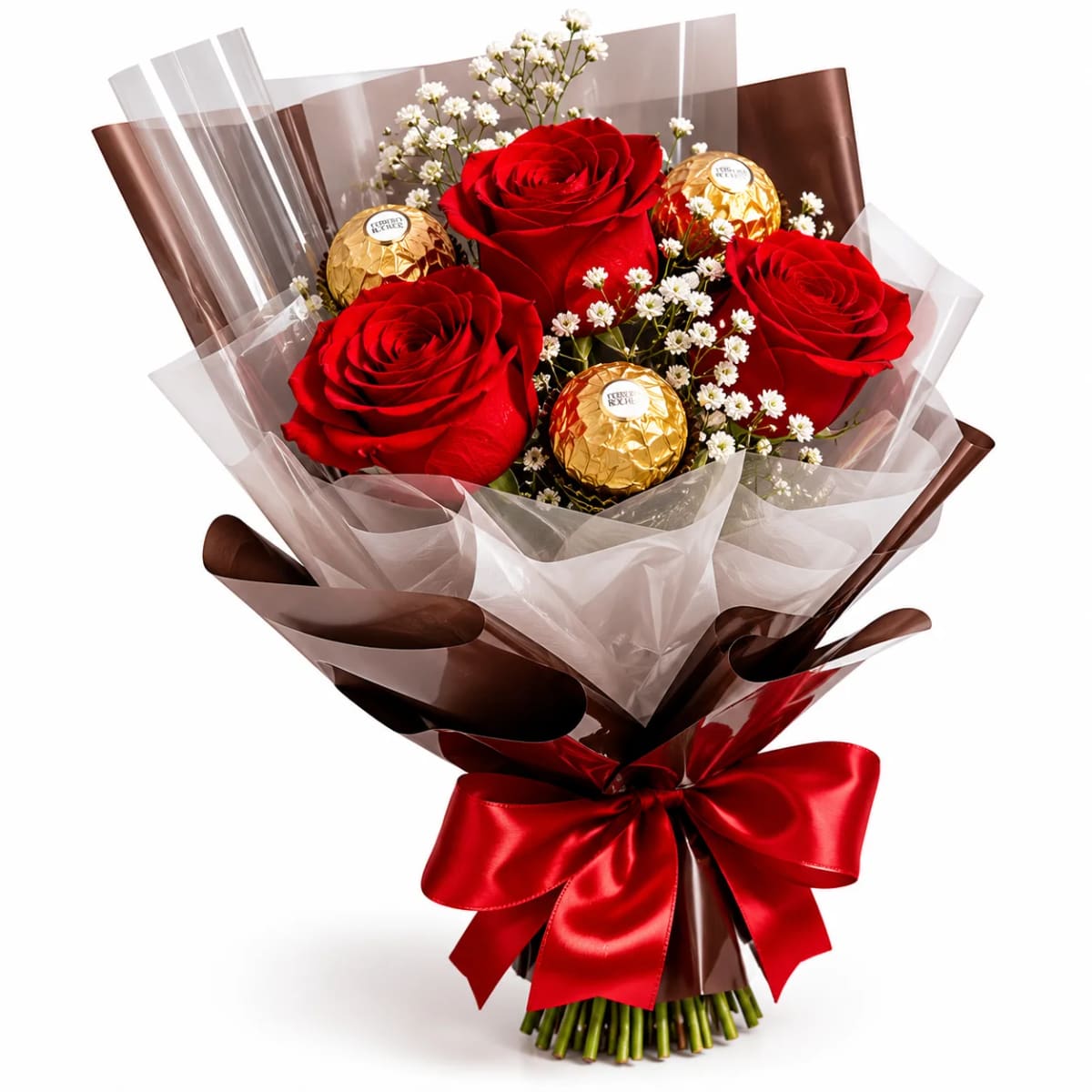 Buquê Premium de 3 Rosas com Ferrero Rocher