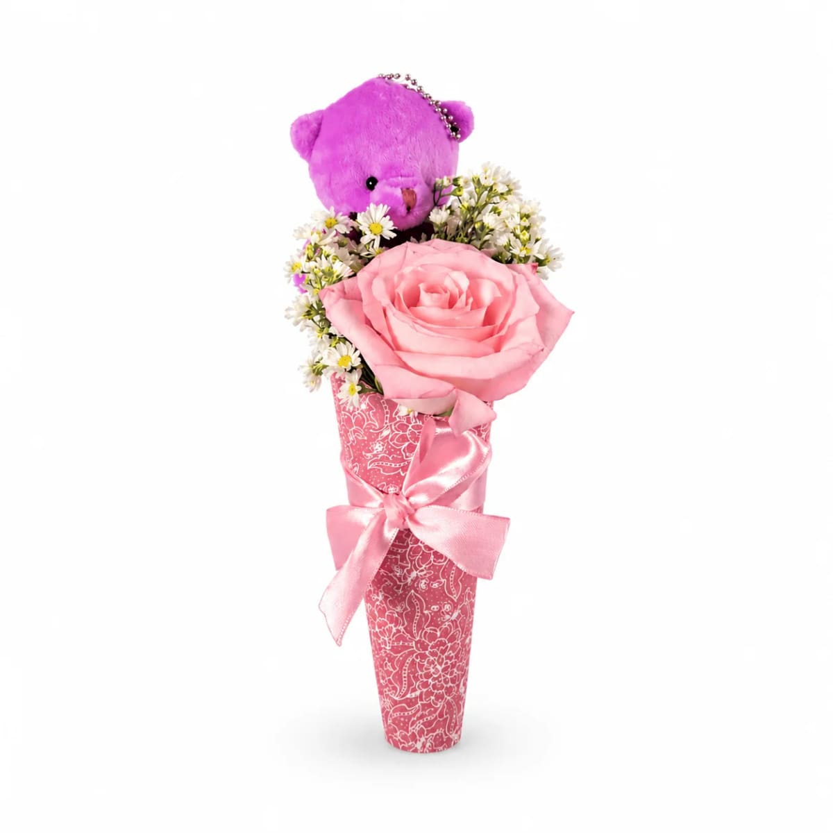 Cone Rosa Cor de Rosa com Chaveiro de Pelúcia