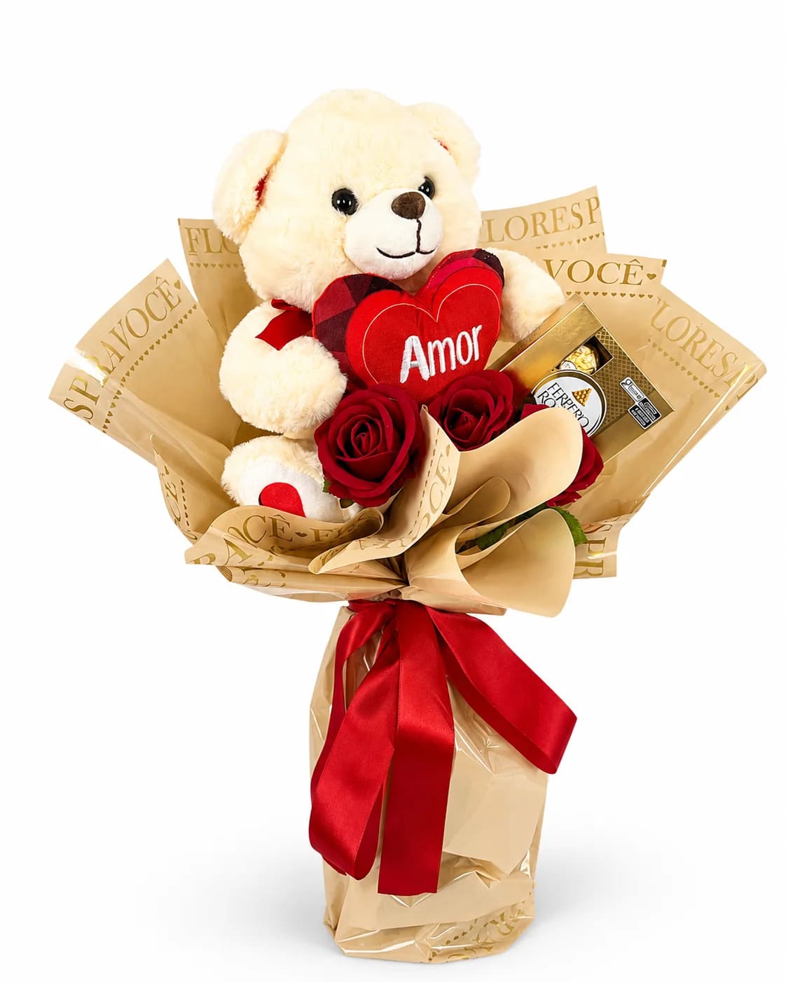 Buquê com Ursinho Amor, Ferrero Rocher e Rosas Vermelhas