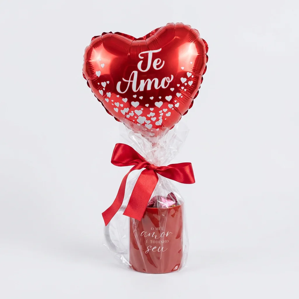 Caneca de Amor com Chocolates e Balão Metalizado